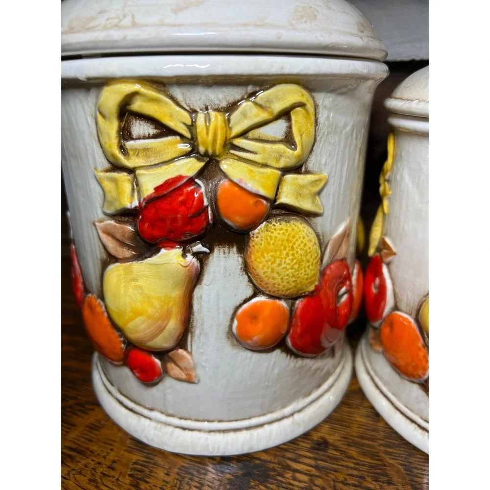 VTG Napcoware Japan 4 Piece Ceramic Fruit Canister Set Cream Grannycore